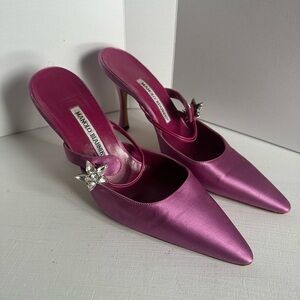 Manolo Blahnik Fuchsia Satin Heels with Crystal Accent